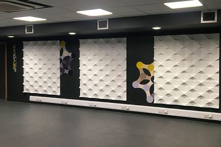 glasgow university, commercial wall design, geometric wall design, holes panels, modern surface design, university gym wall design