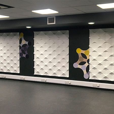 glasgow university, commercial wall design, geometric wall design, holes panels, modern surface design, university gym wall design