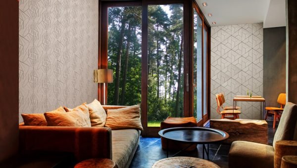 concrete geometric tiles, triangle 3d tiles, concete decor, forest view