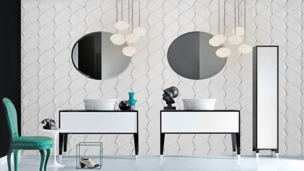 3d concrete tiles, modern bathroom, rounded mirrors, white furniture