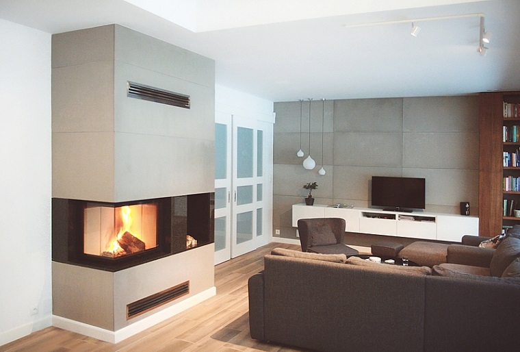 Concrete panels on fireplace Concrete panels on fireplace