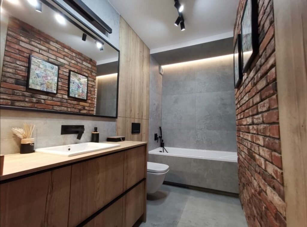 modern bathroom with brick tiles on the wall