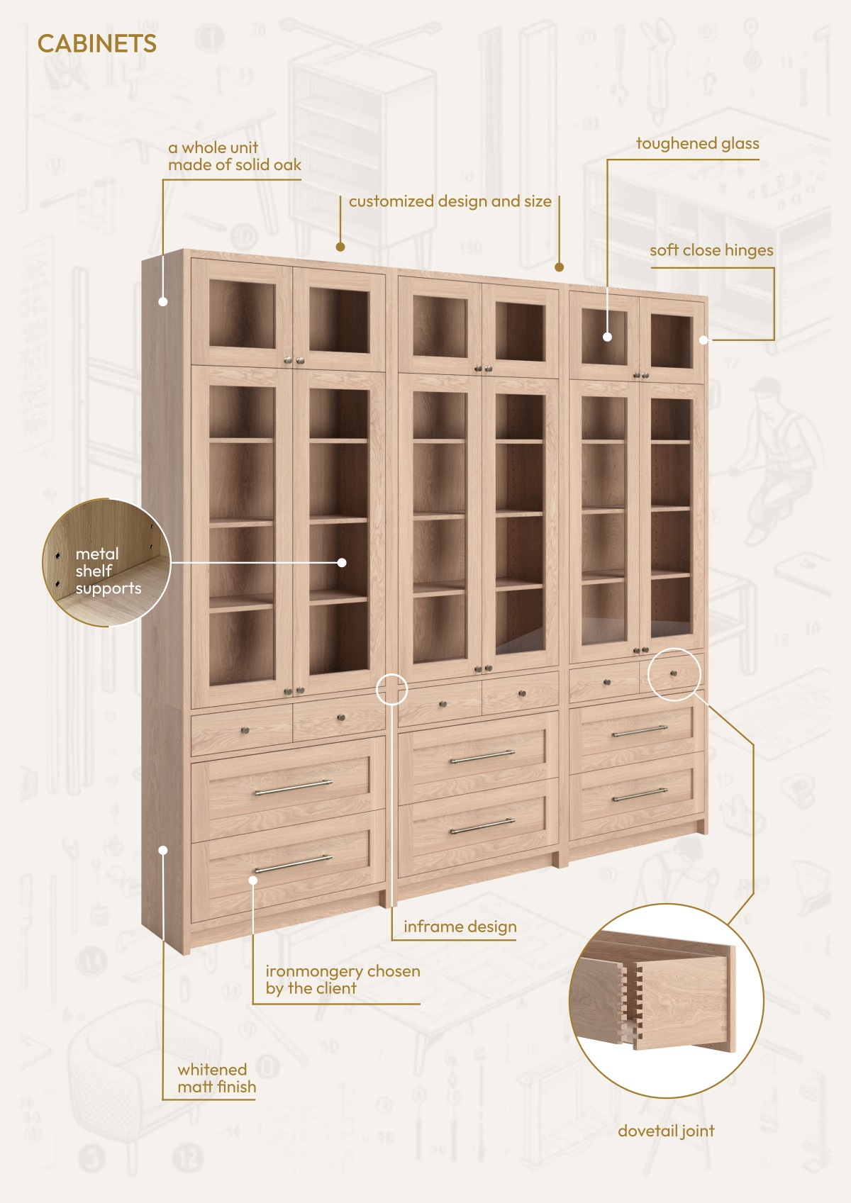 Cabinets - At 3D Art Factory, we supply modern custom-made wooden furniture from various types of solid wood - oak, alder, beech, ash, cherry and walnut